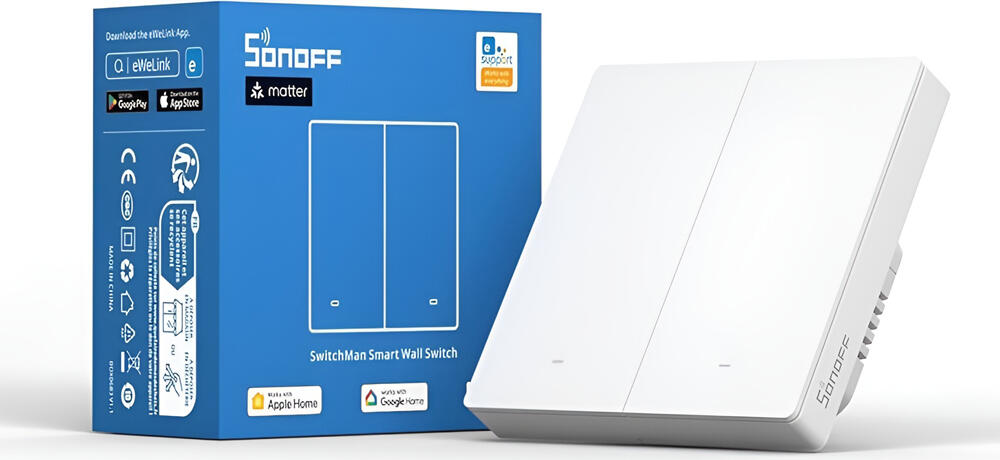 Sonoff SwitchMan M5 Smart Wall Switch, 2-Gang Matter Compatible, Wi-Fi 2.4GHz, Neutral Required, 10A 2200W, Voice Control, eWeLink App, White PC