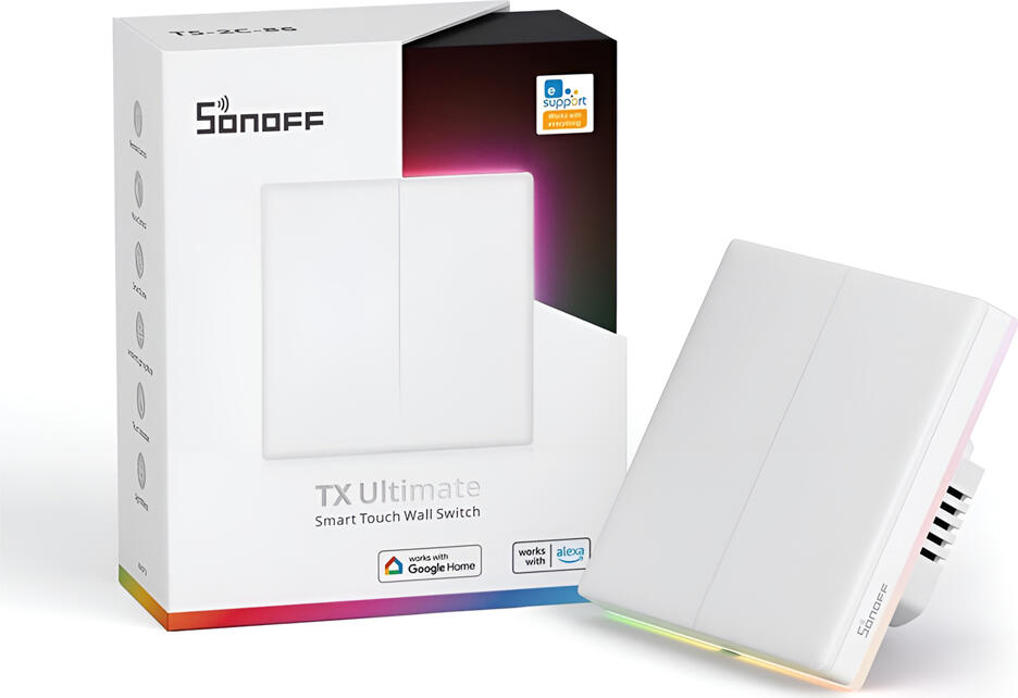Sonoff TX Ultimate T5 Smart Touch Wall Switch, 2-gang, Wi-Fi and BLE, RGB LED Edge Lighting, eWeLink App, Alexa and Google Home, Neutral Wire Required, 86x86mm