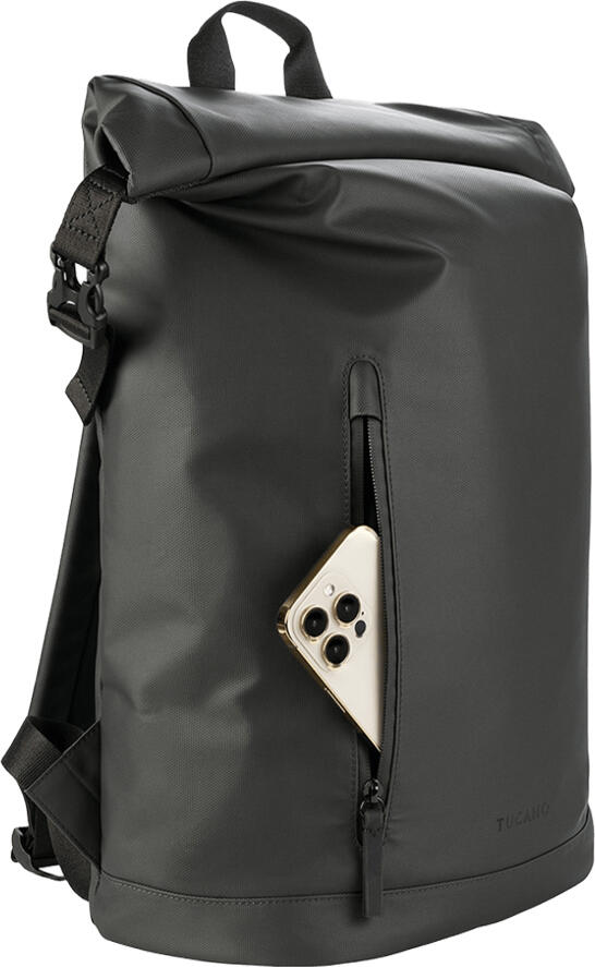 Tucano Rollo 15.6 Laptop Backpack BKROL15, Black, Water-Resistant Recycled rPET Fabric, Roll-top Closure, for Laptops up to 15.6" and MacBook Pro 16", 30x45x16 cm