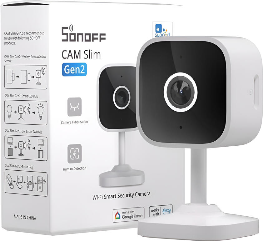 Sonoff CAM Slim Gen2 CAM-S2 Full HD 1080p Wi-Fi Smart Camera, 100 Degree Wide Angle, Night Vision, Two-Way Audio, AI Human Detection, eWeLink, White