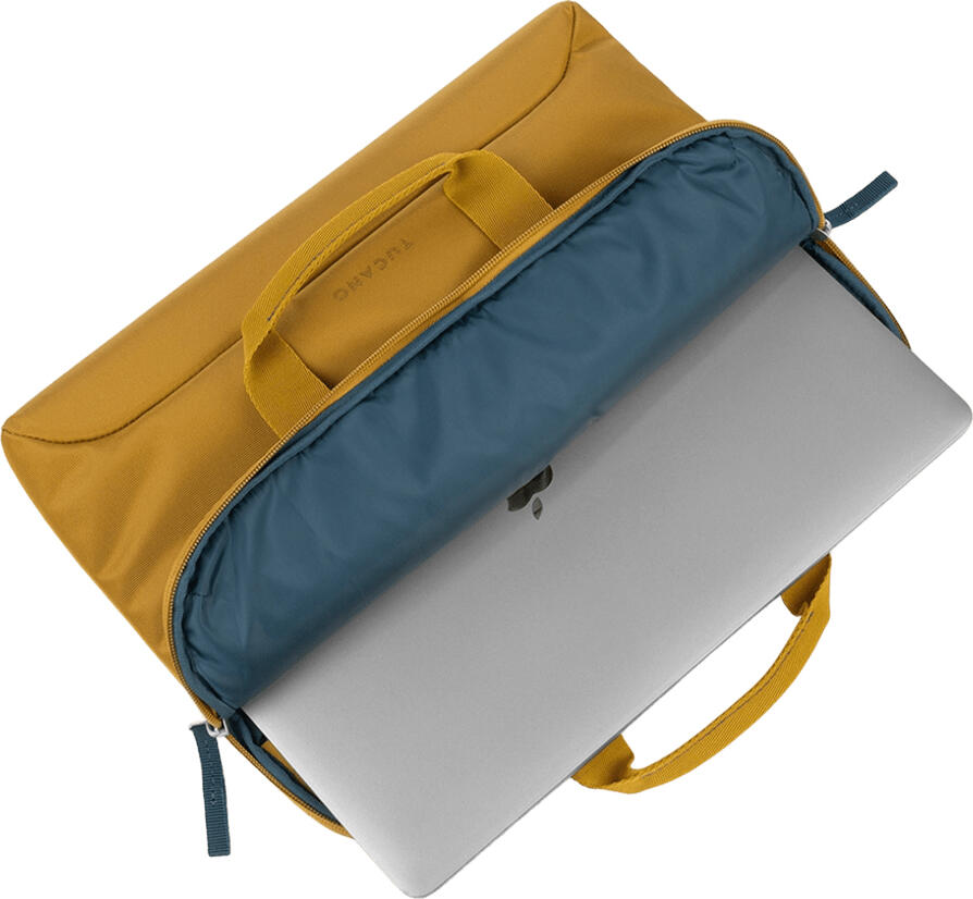 Geanta Laptop Tucano Smilza Superslim 14", Mustard, Material Reciclat, Protectie Anti-Shock, Buzunar frontal, Curea Detasabila, pentru Laptopuri pana la 34 x 24.5 x 3 cm