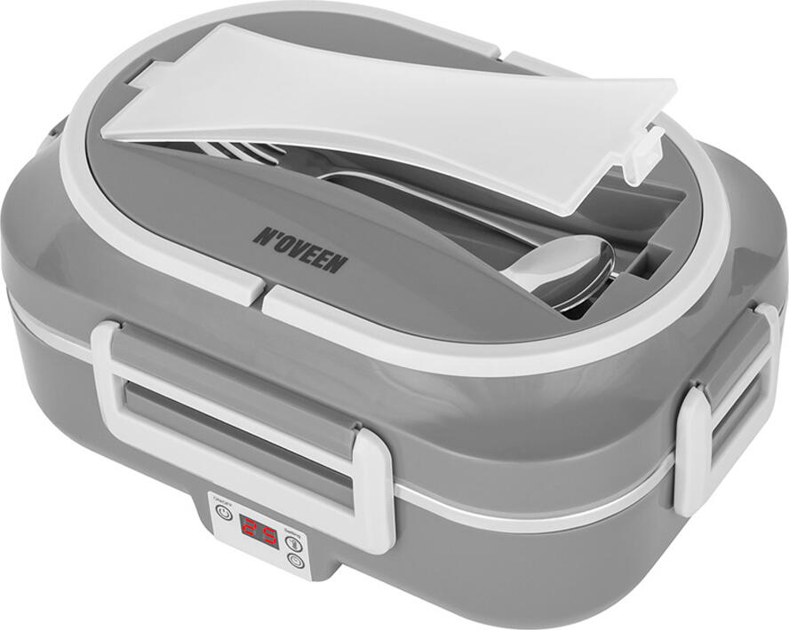 N'oveen LB640 Electric Lunch Box, 1L Capacity, Stainless Steel INOX 3-Chamber Container, PTC Heating, LED Display, 12V/24V/230V, Dark Grey