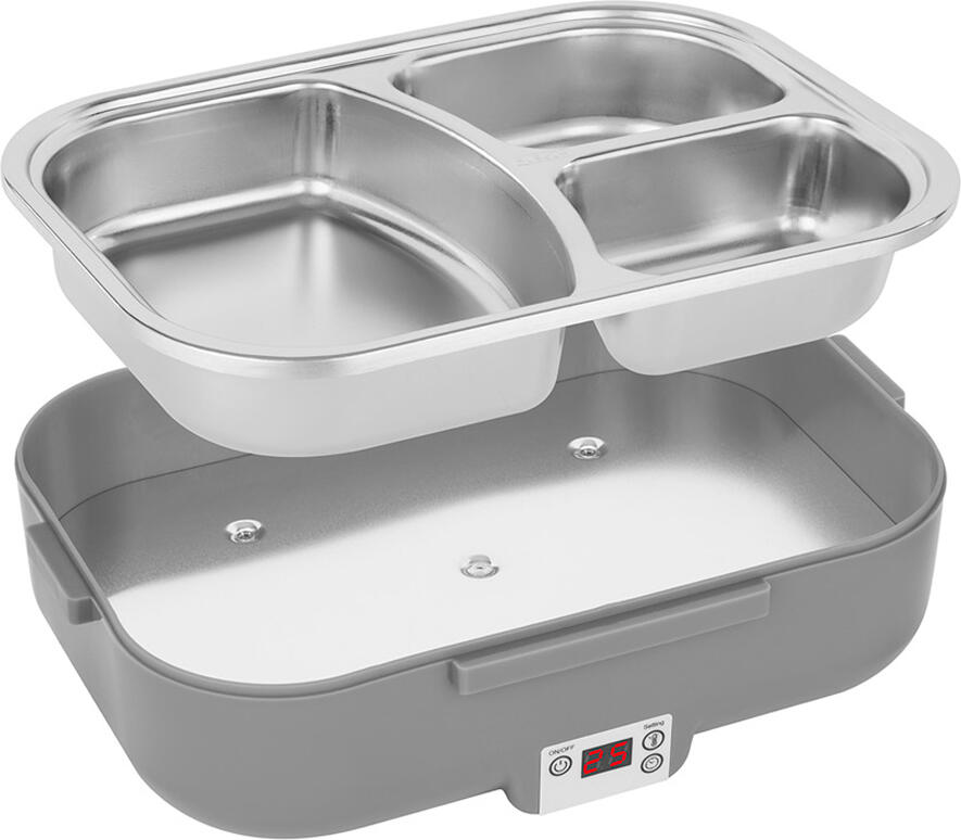 N'oveen LB640 Electric Lunch Box, 1L Capacity, Stainless Steel INOX 3-Chamber Container, PTC Heating, LED Display, 12V/24V/230V, Dark Grey