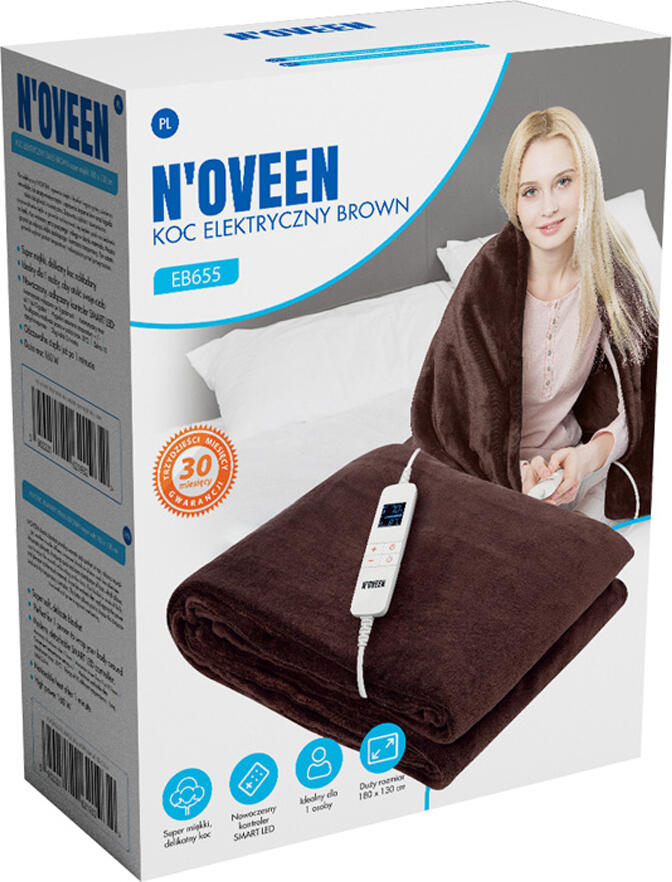 Pat cu heating electric N'oveen EB655, 180x130 cm, Maro, 160W, 10 Nivele de Temperatura, Controler SMART LED/LCD, Timer, Lavabil la Masina, Protectie Supraîncălzire