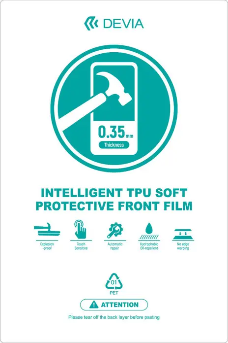 Devia Intelligent TPU Soft Protective Front Film, High-Definition Clear Screen Protector, 0.35 mm, 20 pieces, Shock-proof, Scratch-proof, Self-healing, Hydrophobic