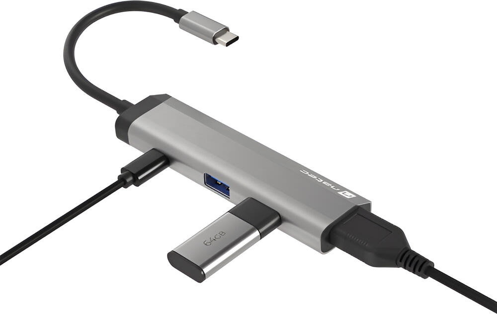 Natec Fowler Slim 4-in-1 USB-C Multiport Adapter, HDMI 4K @ 30Hz, 2x USB 3.0 5Gbps, 100W Power Delivery PD 3.0, Aluminum, Grey, Samsung DeX & Huawei EMUI