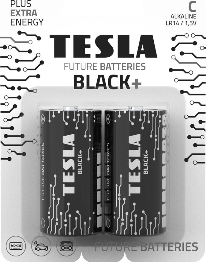 Щелочные батарейки Tesla Black+ 1.5V, без кадмия и ртути, высокоэффективные элементы питания, типоразмер C, 2 шт.