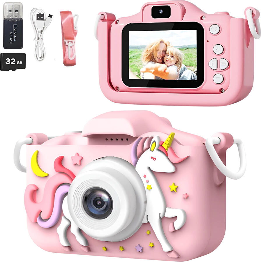 Camera Digitala pentru Copii Tema Unicorn, Video Full HD 1080p, Ecran LCD 2 inch, card microSD 32GB, Baterie Reincarcabila 600mAh, Carcasa Silicone, Roz