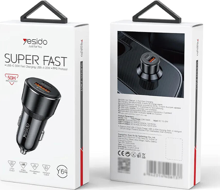 Incarcator Auto Yesido Y64 50W Dual Port USB-C PD 30W si USB-A 20W Adaptor Incarcare Rapida Aliaj Aluminiu Universal pentru iPhone Android