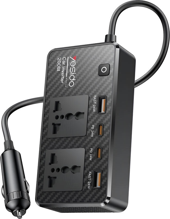 Yesido Car Inverter 12V 200W Max 1*AC220v 1*200W 2*USB-A 2*Type-C, Black