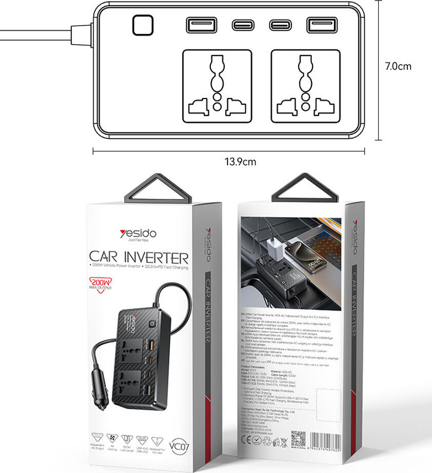 Yesido VC07 Car Inverter 200W 220V AC, 4-Port USB Fast Charger (2x USB-A, 2x USB-C) PD PPS QC 25W, 12V Cigarette Lighter Socket, Black ABS
