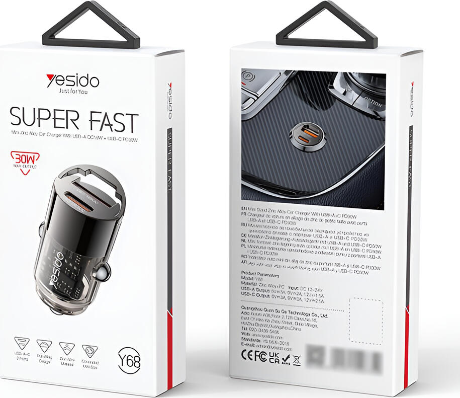 Incarcator Auto Mini Yesido Y68 30W PD QC, Adaptor Incarcare Rapida cu Porturi USB-C si USB-A, Design Transparent din Aliaj de Zinc cu Inel