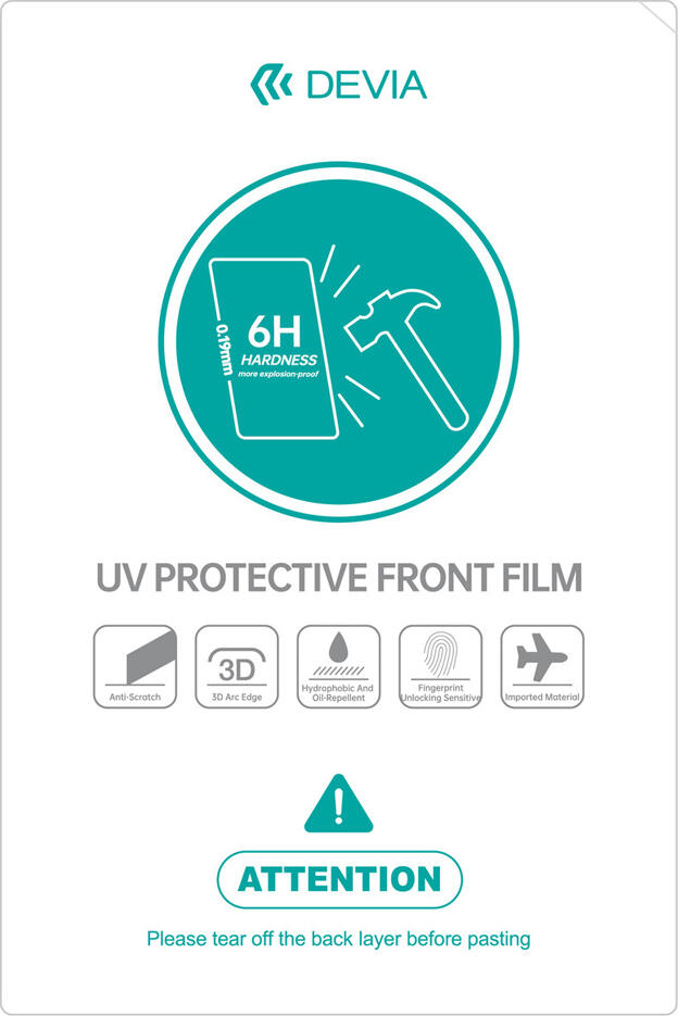 Интеллектуальная защитная пленка Devia Intelligent UV, твердость 5H, противоцарапное покрытие, 3D-посадка, 0.19 мм, 1 шт, прозрачная
