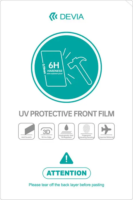 Интеллектуальная защитная пленка Devia Intelligent UV, твердость 5H, противоцарапное покрытие, 3D-посадка, 0.19 мм, 1 шт, прозрачная