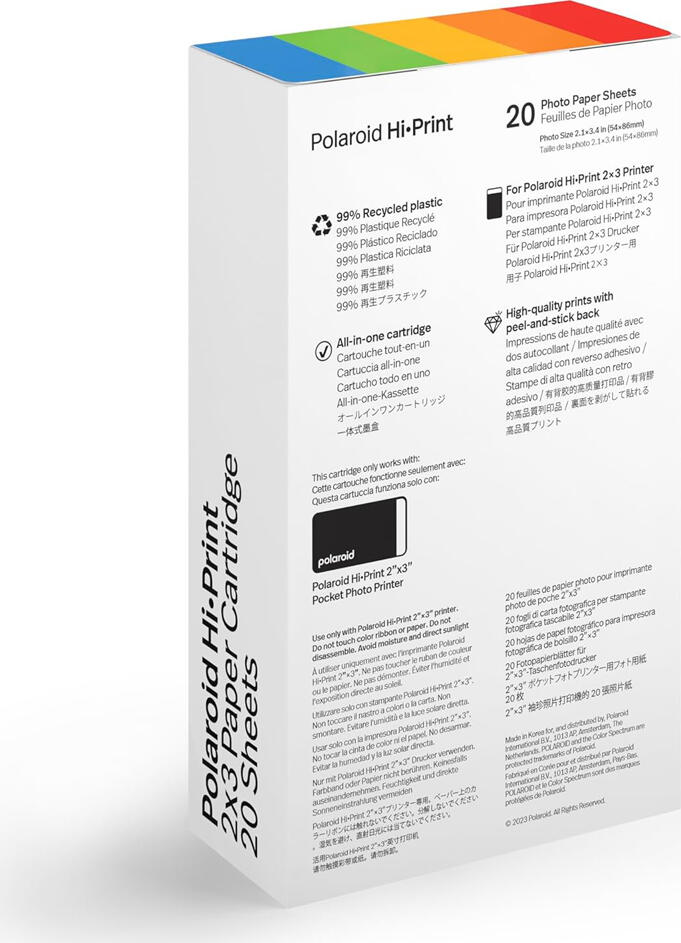 Polaroid Hi-Print 2x3 Paper Cartridge, 54x86mm Dye-Sublimation Photo Paper, Adhesive Backing, Water and Fade Resistant, 20 Sheets