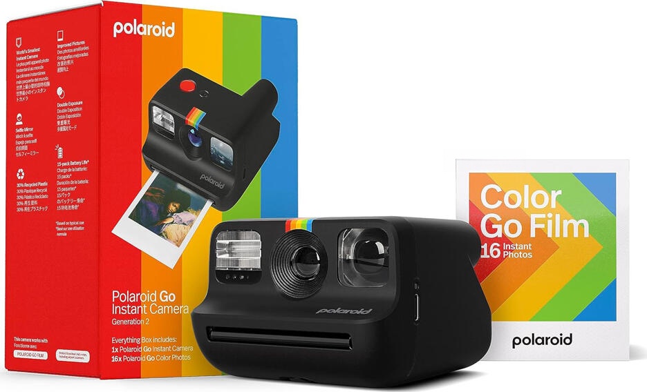 Polaroid Go Generation 2 Instant Camera Everything Box, Black, with 16 Color Film Sheets, USB-C, Selfie Mirror, Double Exposure, 105x84x62mm