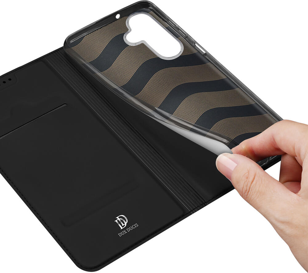 Husa Tip Carte Dux Ducis SkinPro pentru Samsung Galaxy A26 5G, din Piele PU cu Spate TPU Transparent, Slot Card si Functie Stand, Negru