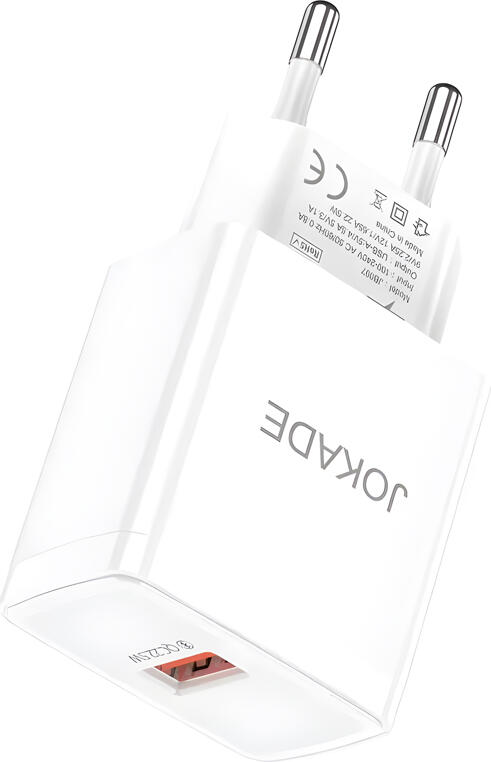 Jokade JB097 Wall Charger 22.5W Fast Charging USB-A EU Plug, Quick Charge QC, ABS/PC Material, Overvoltage Protection, White