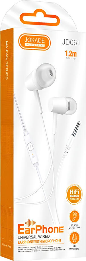 Casca In-Ear cu Fir Jokade JD061 Seria Maifan cu Microfon Integrat, Jack 3.5mm, Driver 10mm, Protectie IPX5, Izolare Pasiva a Zgomotului, Alb