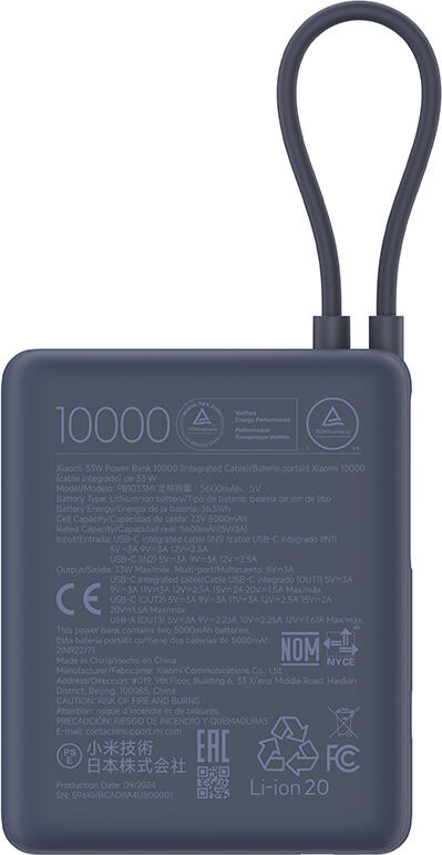 Power Bank Xiaomi 33W 10000mAh cu Cablu Integrat USB Type-C, Incarcare Rapida, Baterie Li-ion, Porturi USB-C si USB-A, Design Compact Rezistent la Socuri