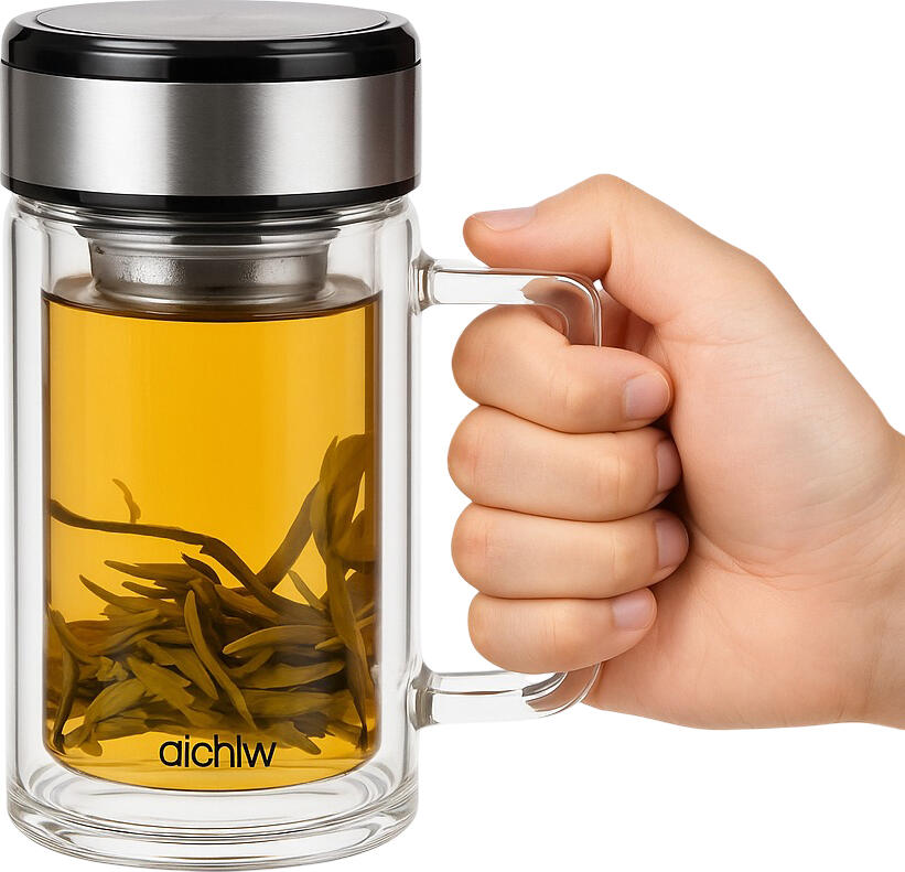 Aichiw AI-D163 Double-Walled Borosilicate Glass Thermos Mug with Infuser, 380ml Leak-Proof Thermal Insulated Tea Coffee Cup, Clear