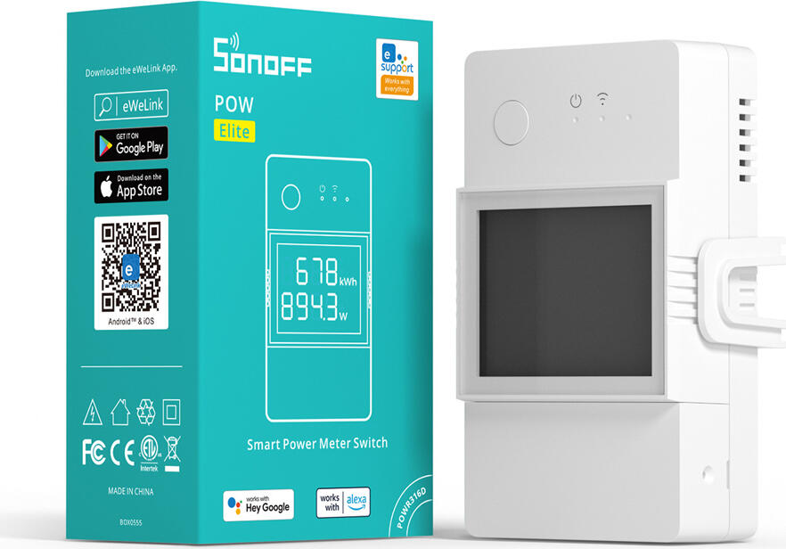 Умный переключатель-ваттметр Sonoff POW Elite Wi-Fi POWR316D POWR320D с ЖК-дисплеем, приложением eWeLink, поддержкой Alexa и Google Assistant, DIN-рейка, 16A