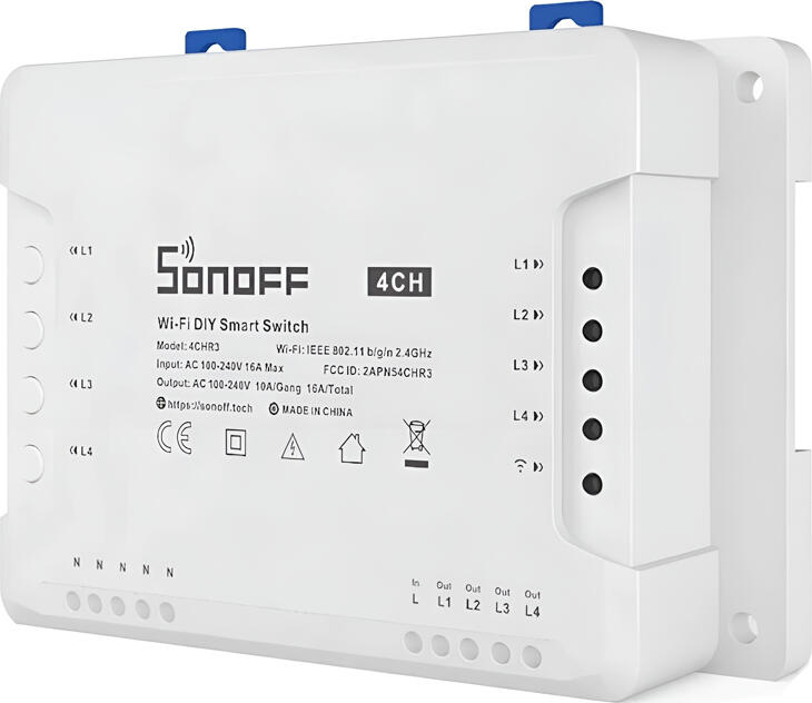 Sonoff 4CHR3 Wi-Fi 4-Gang Smart Switch Relay, 16A Max, 2200W, eWeLink App & Voice Control Alexa Google Assistant, Self-locking Interlock Inching Modes