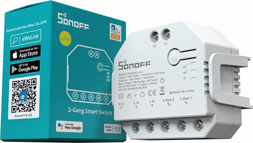 Intrerupator Smart Sonoff DUALR3 Lite Wi-Fi cu 2 Canale, 100-240V AC 15A Max, Mod Motor pentru Pergole si Jaluzele, Compatibil Alexa Google Home eWeLink