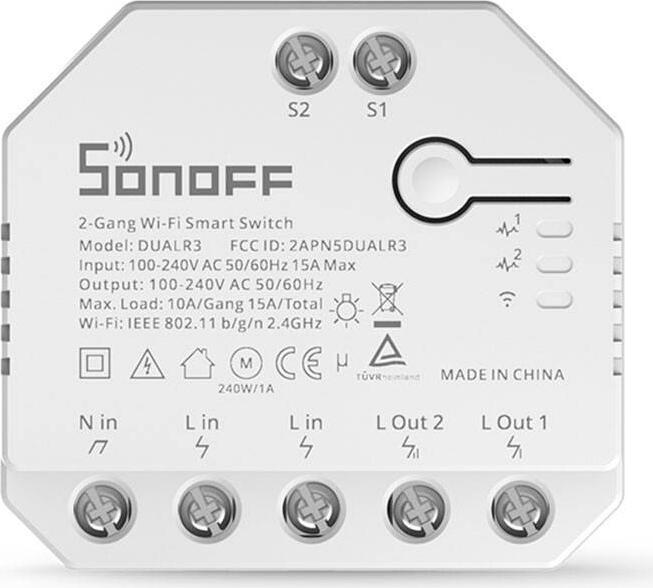 Intrerupator Smart Sonoff DUALR3 Lite Wi-Fi cu 2 Canale, 100-240V AC 15A Max, Mod Motor pentru Pergole si Jaluzele, Compatibil Alexa Google Home eWeLink