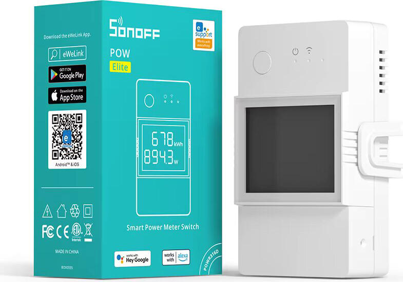 Sonoff POW Elite Smart Power Meter Switch Wi-Fi POWR316D POWR320D with LCD Display, eWeLink App, Alexa Google Assistant, DIN Rail Mount, 20A