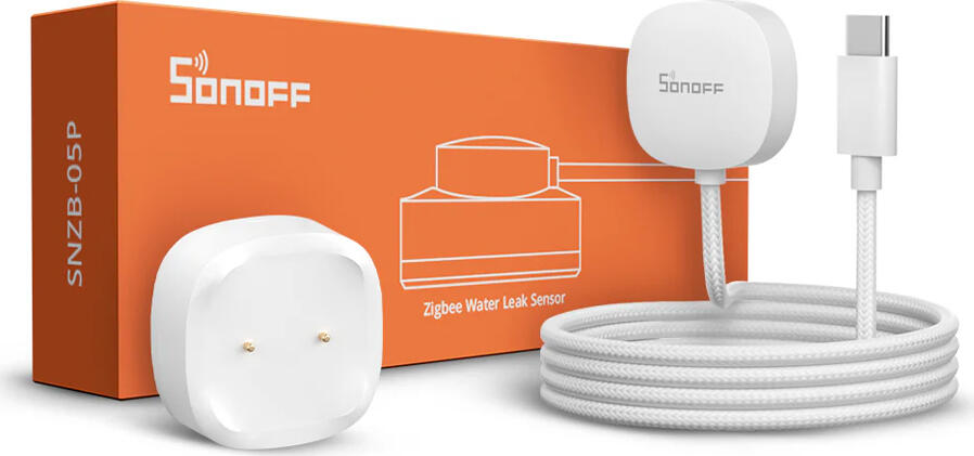 Sonoff SNZB-05P Zigbee 3.0 Water Leak Sensor, IP67 Waterproof Liquid Detector with 2m Extension Cable, CR2477 Battery, White ABS