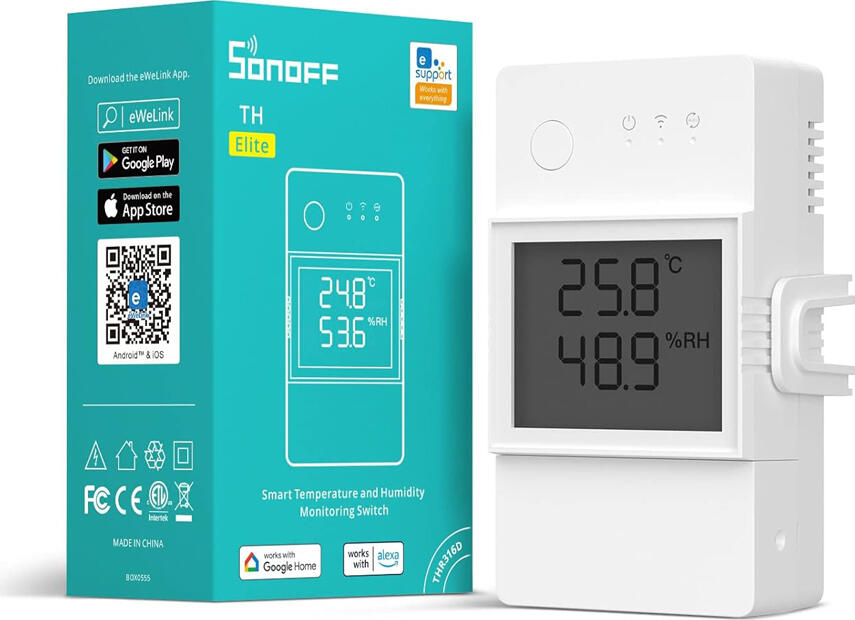 Sonoff TH Elite THR316D Wi-Fi Smart Temperature and Humidity Monitoring Switch 16A 100-240V with LCD Screen eWeLink Alexa Google Assistant
