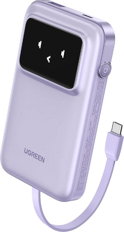 UGREEN Power Bank Uno Series 10000mAh, 30W, with Built-in USB-C Cable, Purple