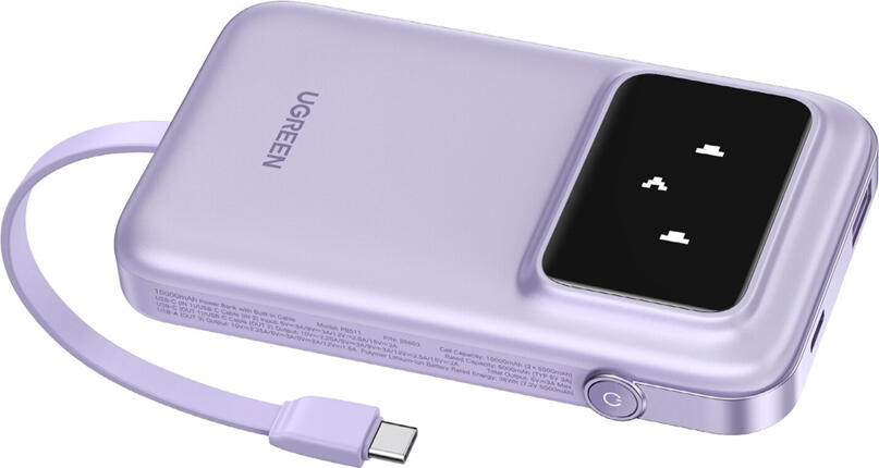 UGREEN Uno Power Bank 10000mAh 30W Fast Charging Portable Battery with Built-in USB-C Cable, PD 3.0 PPS, Digital LED Display, Purple