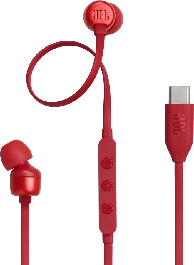 JBL Tune 310C USB-C Wired In-Ear Headphones - Red, with Hi-Res Audio, 9mm Dynamic Drivers, Pure Bass Sound, In-line Remote and Microphone