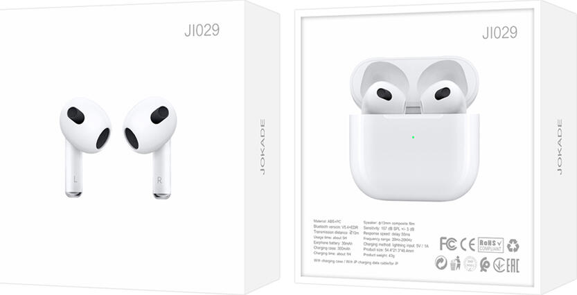 Jokade JI029 Ruier Series 3rd Gen TWS In-ear Earbuds, Bluetooth V5.4 EDR, 13mm Composite Membrane Speaker, Low Latency 50ms for Gaming, White