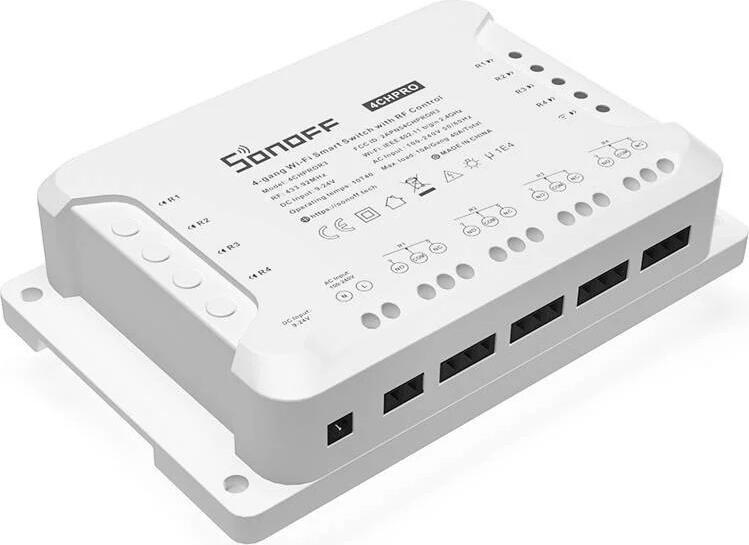Sonoff 4CHPROR3 4-Gang Wi-Fi Smart Switch with RF 433.92MHz Control, eWeLink App, Alexa & Google Assistant Support, AC 100-240V/DC 9-24V, Dry Contact Mode