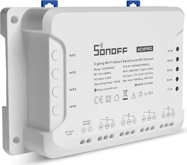 Sonoff 4CHPROR3 4-Gang Wi-Fi Smart Switch with RF 433.92MHz Control, eWeLink App, Alexa & Google Assistant Support, AC 100-240V/DC 9-24V, Dry Contact Mode