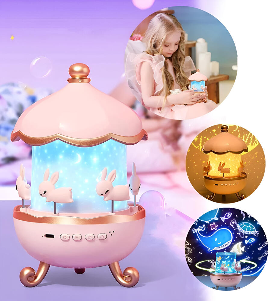 Glaceon Rabbit Carousel Night Light Projector, 360 Rotating LED Lamp with 6 Projection Films, USB Type-C Rechargeable, Built-in Sound Machine, ABS