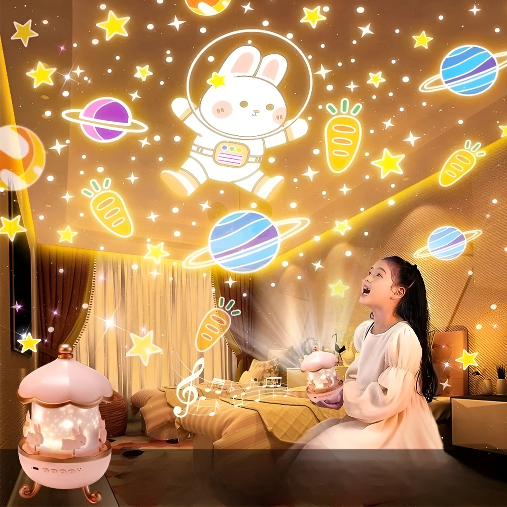 Glaceon Rabbit Carousel Night Light Projector, 360 Rotating LED Lamp with 6 Projection Films, USB Type-C Rechargeable, Built-in Sound Machine, ABS