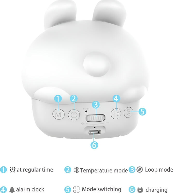 Cute Series Shy Rabbit 3-in-1 Night Light Alarm Clock, Tapping Touch Sensor, Digital Desk Clock with Temperature Display, White ABS and Silicon