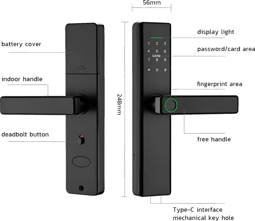 G518 Smart Lock, WiFi Tuya App Control, Biometric Fingerprint, RFID Card, Digital Keypad, Aluminum Black, 35-55mm Door Thickness, Anti-Theft Alarm