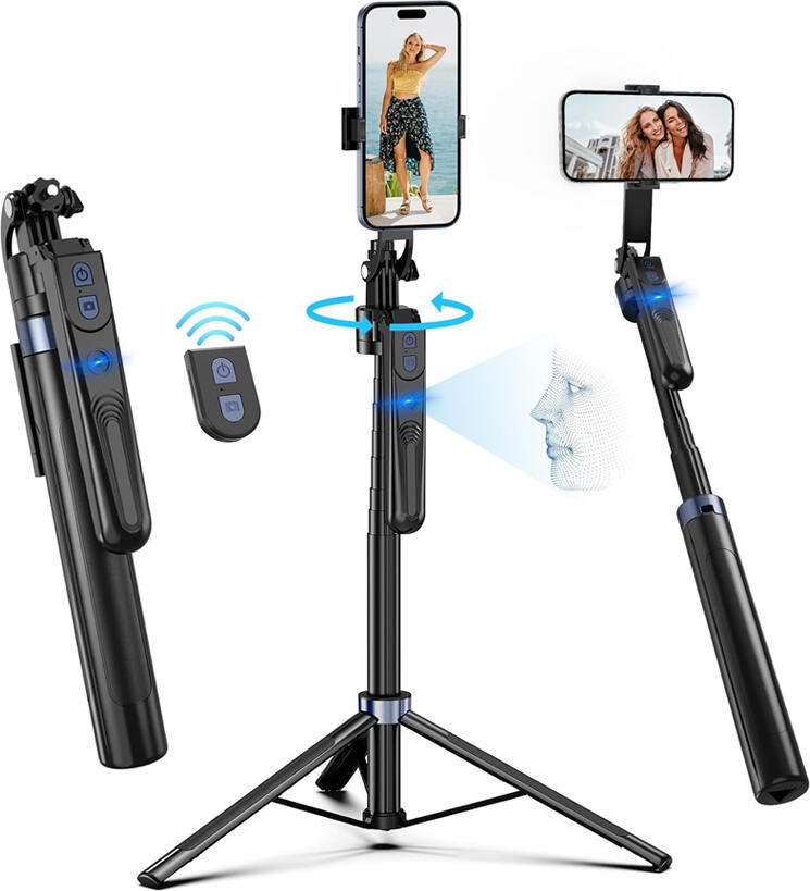 C12 AI Face Tracking Tripod, 360 Degree Auto Body Tracking, 1800mm Aluminum Selfie Stick, 4-in-1 Handheld Stabilizer with Remote, No App Required, Black