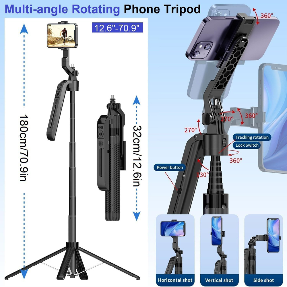 C12 AI Face Tracking Tripod, 360 Degree Auto Body Tracking, 1800mm Aluminum Selfie Stick, 4-in-1 Handheld Stabilizer with Remote, No App Required, Black
