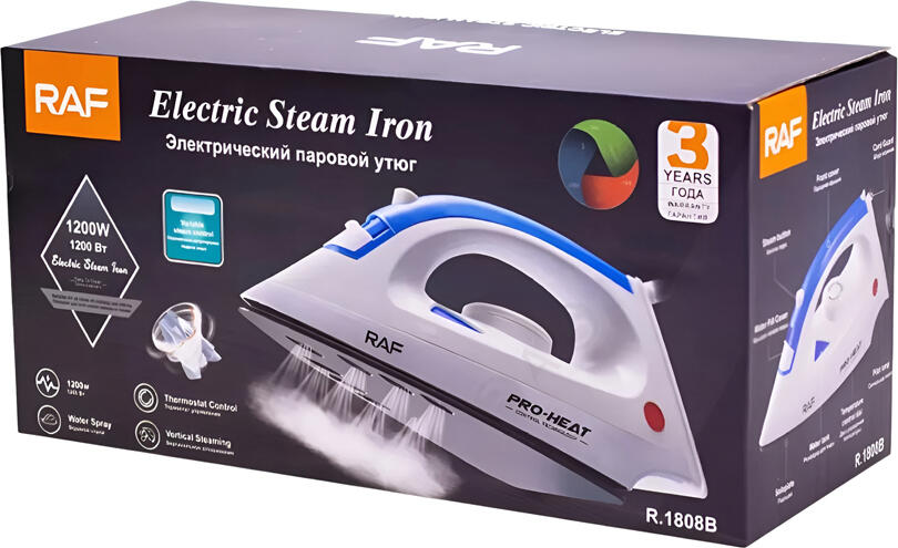 RAF R.1808B Electric Steam Iron, 1200W, Ceramic Soleplate, Vertical Steaming, Water Spray, Thermostat Control, White