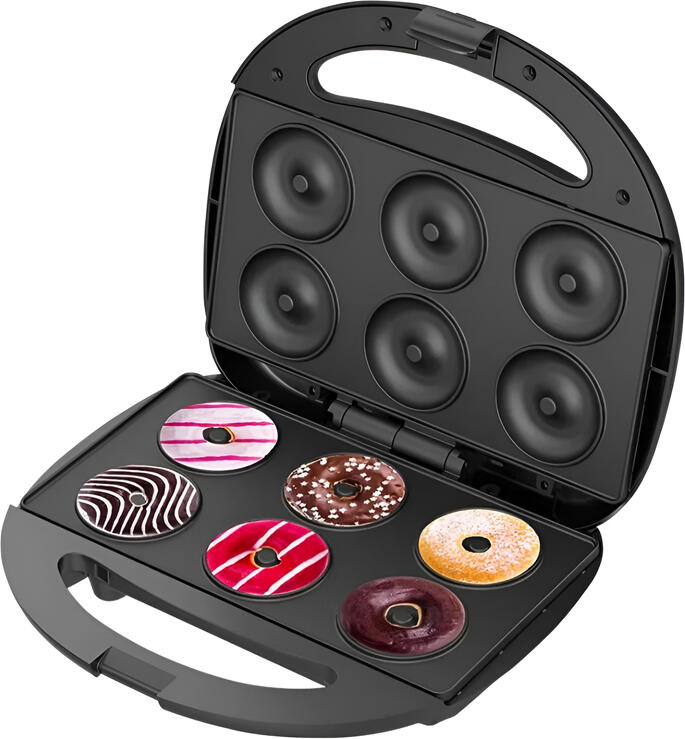 Aparat de donuts Raf R.247, 850W, Capacitate 6 mini donuts, Suprafata Antiaderenta, Control Automat al Temperaturii, Negru