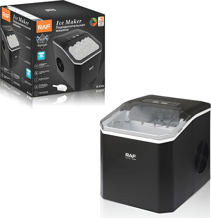 Raf R.0302 Ice Maker, 12kg/24h Capacity, 1.2L Water Tank, Self-Cleaning Function, Adjustable Ice Size, Compact Countertop Design, Black