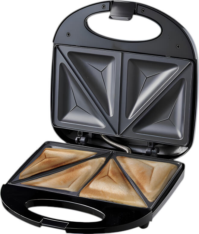 Sandwich Maker Raf R.257S 750W, Plate Non-stick pentru 4 Sandvicuri, Carcasa Inox si Negru, cu Protectie la atingere, 230x200x220mm