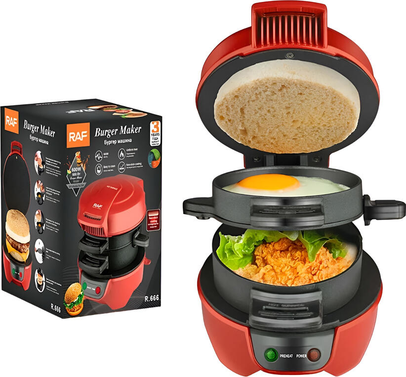 Raf R.666 Burger Maker 600W Electric Sandwich Grill with Non-stick Teflon Coating, Detachable Plates and Indicator Light, Red