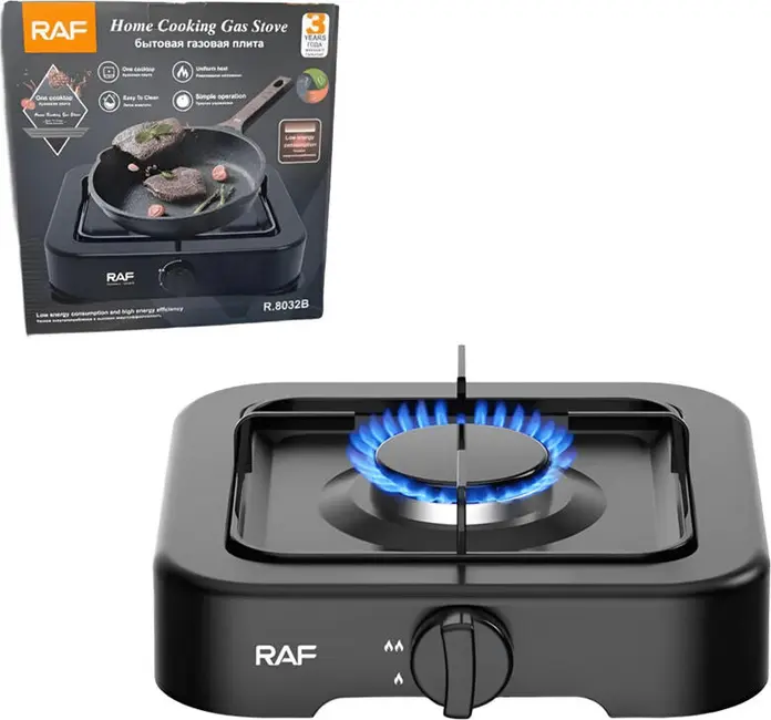 Plita portabila pe gaz RAF R.8032B, 1 arzator, otel inoxidabil, design compact, 260x50x260mm, eficienta energetica si controlul flacarei, neagra